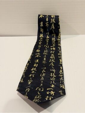 GOLD CITY Hand Made Navy Blue Necktie Tie Chinese Calligraphy Printed Silk